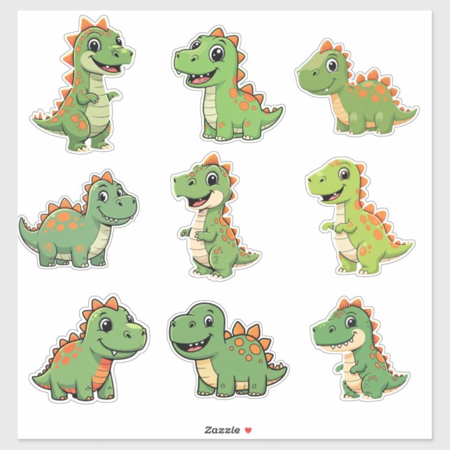 Cute Green T-Rex Dinosaur Kids Vinyl Sticker (Sheet)