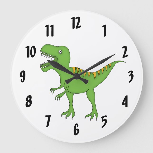 Cute Green T-Rex Dinosaur Kid's wall-clock/Medium Large Clock (Front)