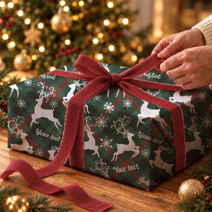 Cute Green Tartan Reindeer Christmas Monogram Wrapping Paper