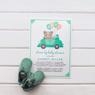 Cute Green Teddy Bear Drive By Baby Shower Invitation