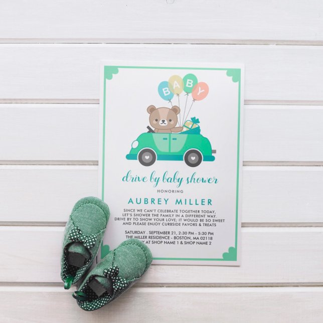 Cute Green Teddy Bear Drive By Baby Shower Invitation (Creator Uploaded)