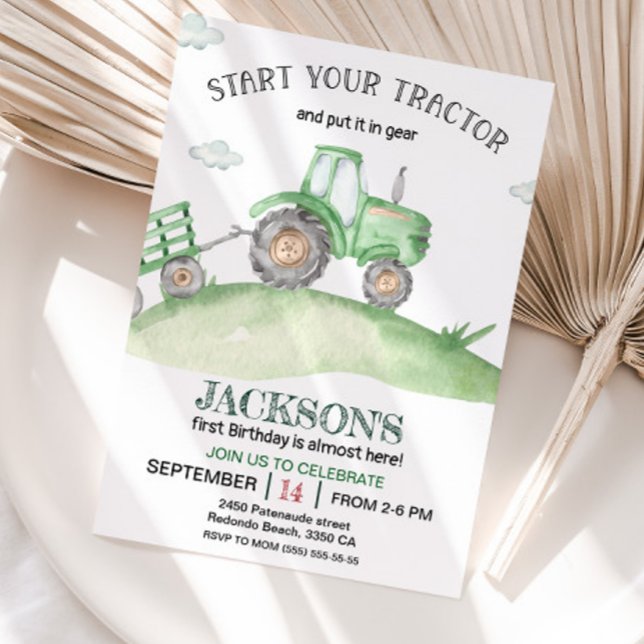 Cute Green Tractor 1st  birthday watercolor Invitation (Green Tractor Birthday invitation)