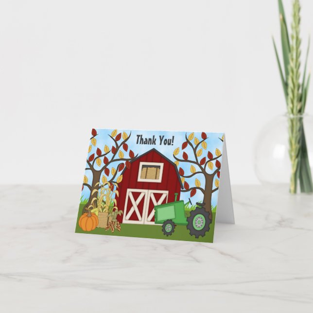 Cute Green Tractor and Barn Autumn Farm Thank You Card (Front)