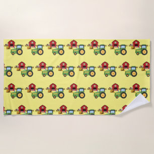 Cute Green Tractor and Red barn Beach Towel