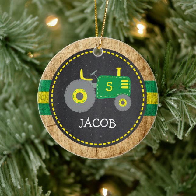 Cute Green Tractor Birthday Keepsake Faux Wood Ceramic Tree Decoration (Tree)