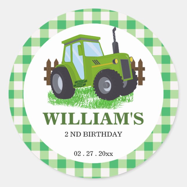 Cute Green Tractor Birthday Party  Classic Round Sticker (Front)