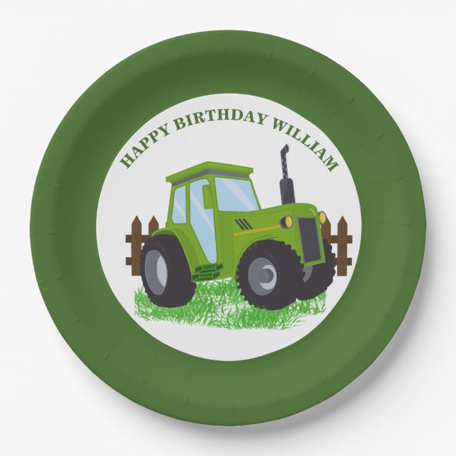 Cute Green Tractor Birthday Party  Paper Plate (Front)