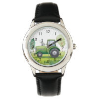 Cute Green Tractor Farm Watercolor Kids
