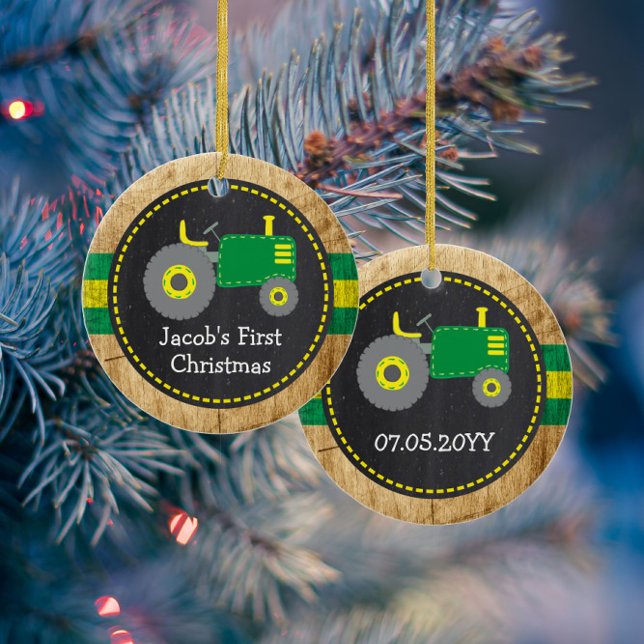 Cute Green Tractor First Christmas Faux Wood Ceramic Tree Decoration (Creator Uploaded)