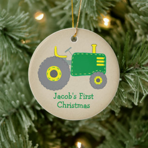 Cute Green Tractor First Christmas Kraft Photo Ceramic Tree Decoration