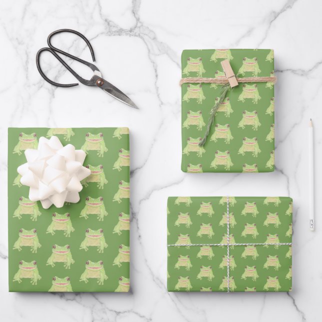 Cute Green Tree Frog - 3x transparent pattern.  Wrapping Paper Sheet (Front)