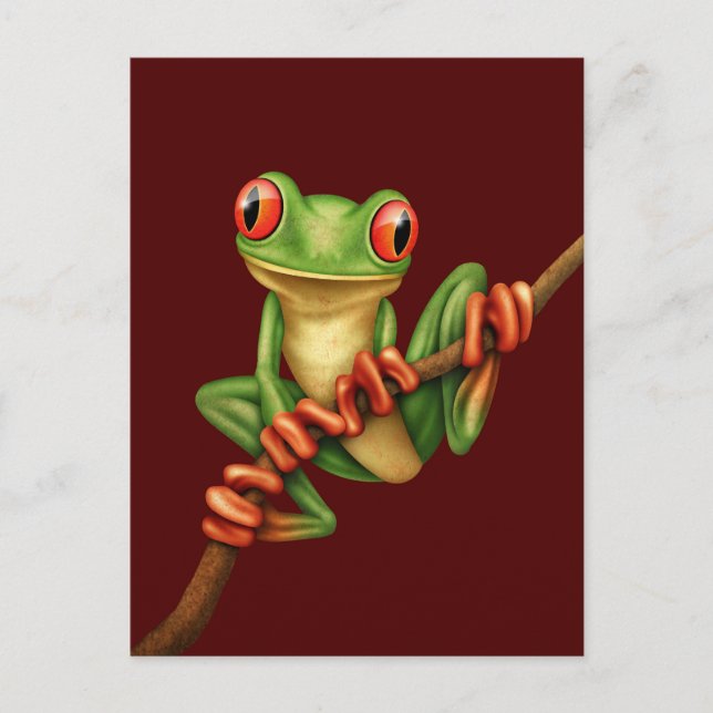 Cute Green Tree Frog on a Branch on Red Postcard (Front)