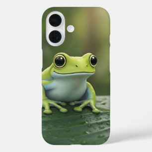 Cute Green Tree Frog on Leaf iPhone 16 Case