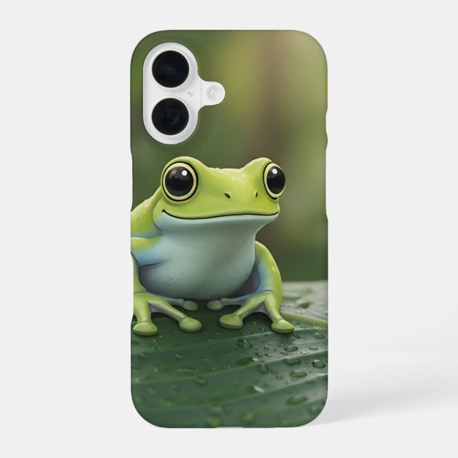 Cute Green Tree Frog on Leaf iPhone 16 Case (Back)