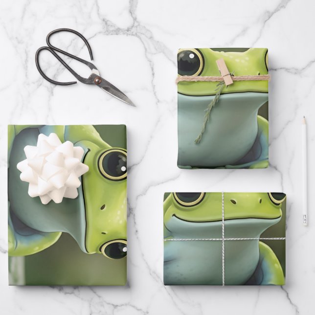 Cute Green Tree Frog on Leaf Wrapping Paper Sheet (Front)