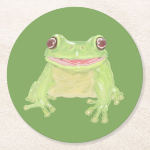 Cute Green Tree Frog - transparent. Round Paper Coaster