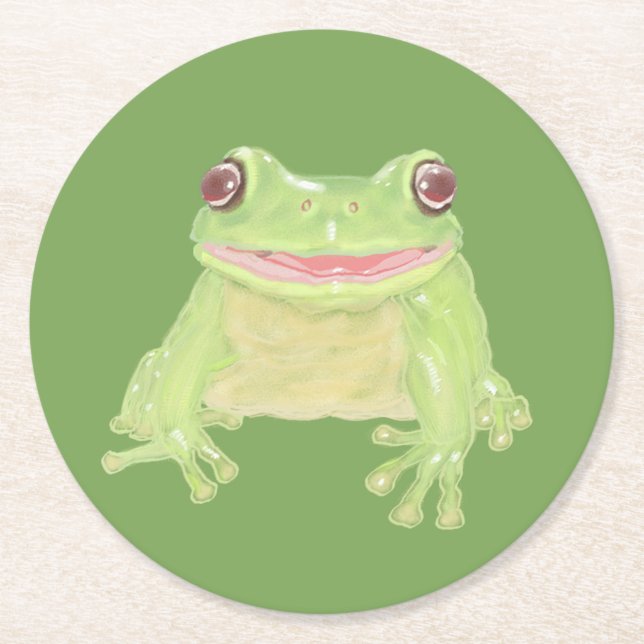 Cute Green Tree Frog - transparent. Round Paper Coaster (Front)
