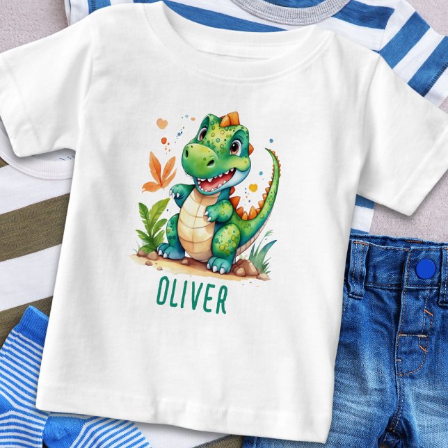 Cute Green Trex Dinosaur Personalised Baby T-Shirt (Creator Uploaded)