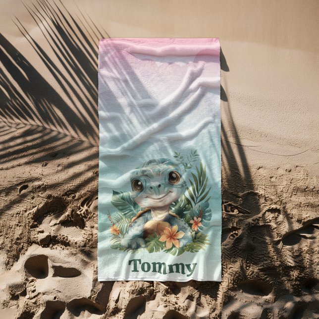 Cute Green Turtle Cloud Sky Boy Beach Towel (Creator Uploaded)