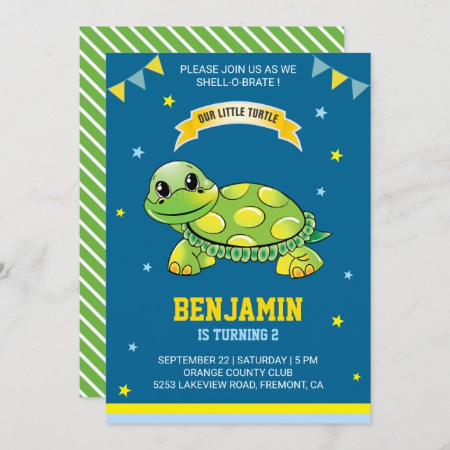 Cute Green Turtle Kids Birthday Party Invitation (Front/Back)
