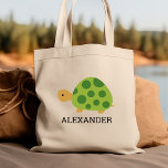 Cute Green Turtle Kids' Personalised Tote Bag<br><div class="desc">This kids' tote bag for animal lovers features a cute illustration of a green turtle. Personalise it with your child's name in black letters. Makes a great book bag for boys or girls!</div>