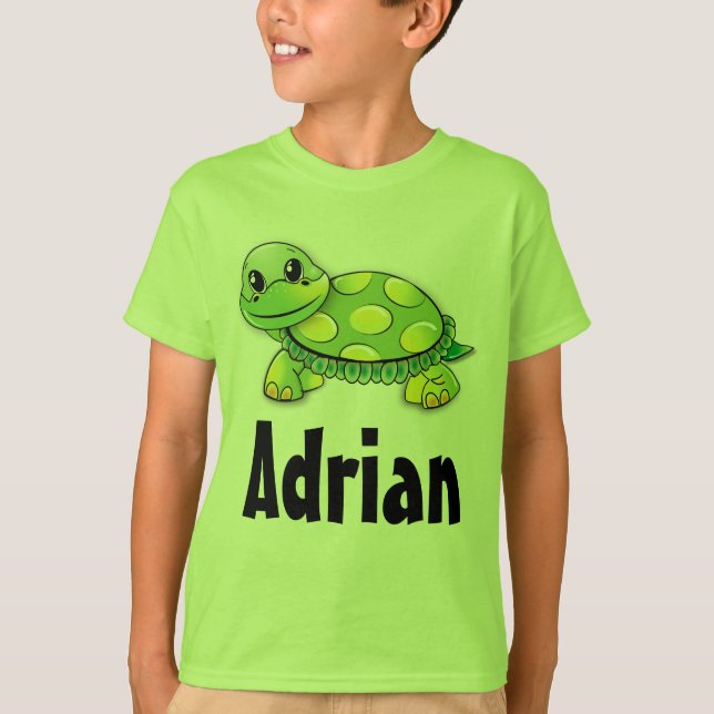 Cute Green Turtle Personalised Childs Shirt Adrian (Front)