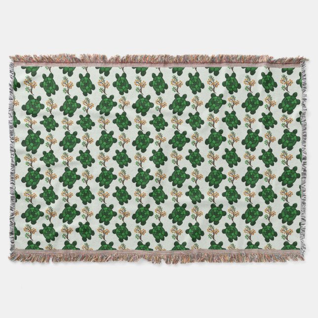 Cute Green Turtle Seamless Pattern | Botanical Tur Throw Blanket (Front)