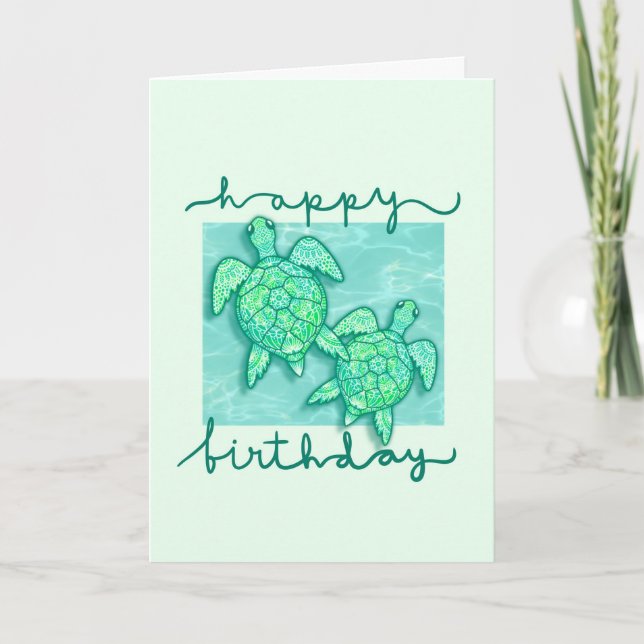 Cute Green Turtles Happy Birthday  Card (Front)