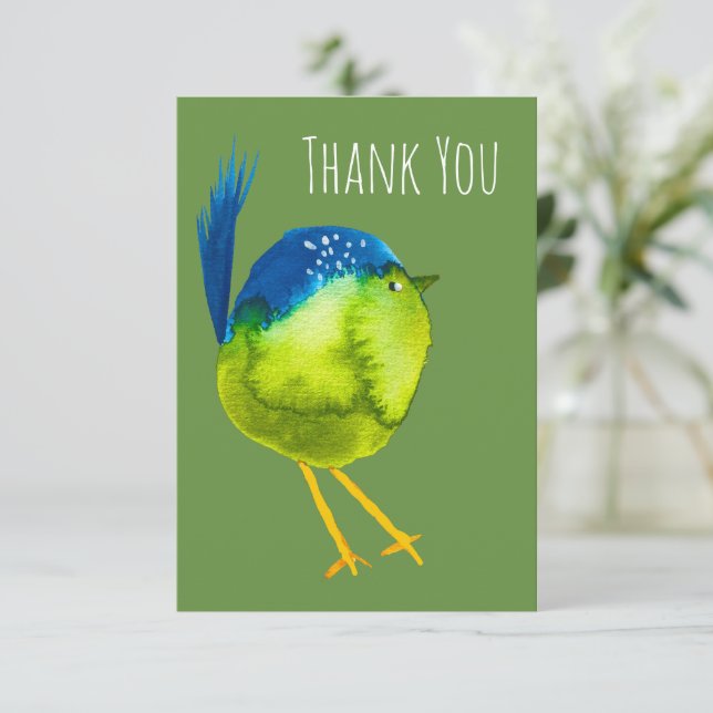 Cute green watercolor bird card (Standing Front)