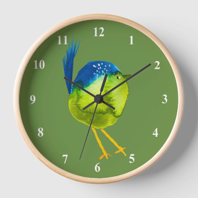 Cute green watercolor bird clock (Front)