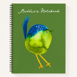 Cute green watercolor bird notebook