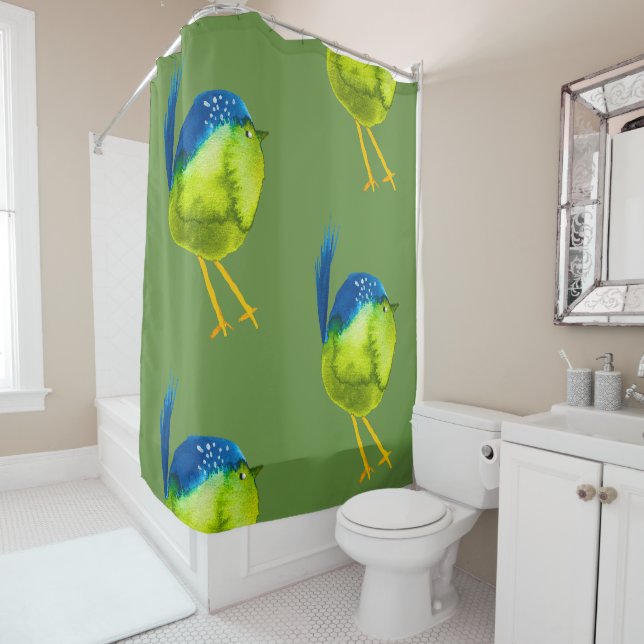 Cute green watercolor bird shower curtain (In Situ)
