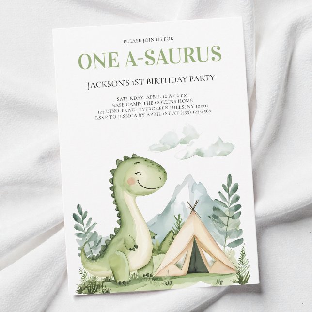Cute Green Watercolor Dinosaur 1st Birthday Party Invitation (Cute Green Watercolor Dinosaur 1st Birthday Party Invitation)