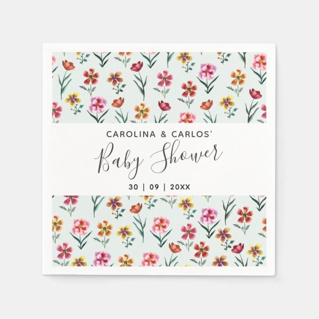 Cute Green Watercolor Floral Couples Baby Shower  Napkin (Front)