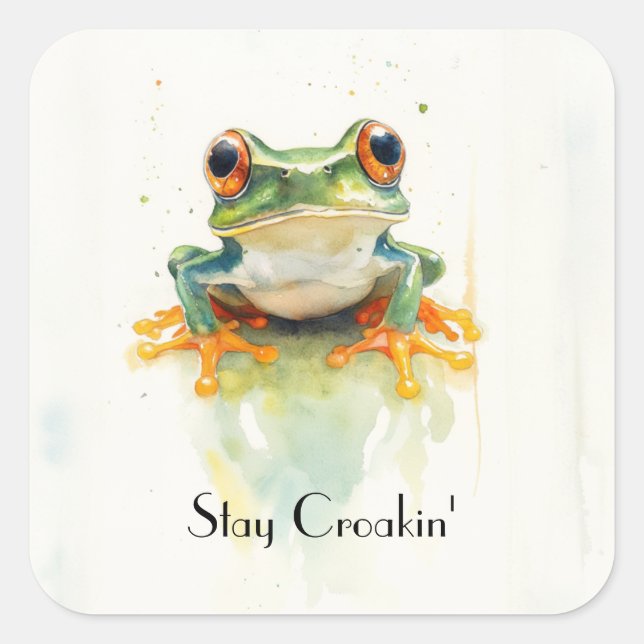  Cute Green Watercolor Tree Frog, custom  Square Sticker (Front)
