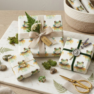  Cute Green Watercolor Tree Frog, custom  Wrapping Paper Sheet