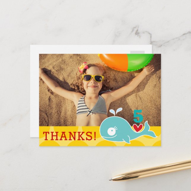 Cute Green Whale Girl Birthday Photo Thank You Postcard (Front/Back In Situ)