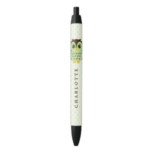 Cute Green Whimsical Owl Black Ink Pen