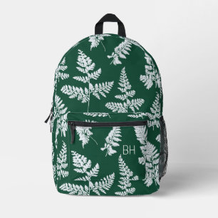 Cute Green White Fern Pattern Monogram Initials Printed Backpack