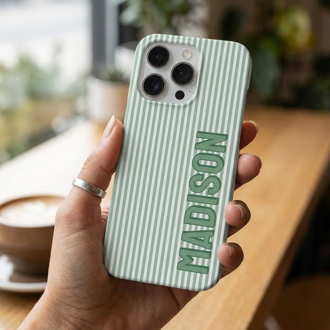 Cute Green & White Pinstripe Personalised Name iPhone Case (Creator Uploaded)