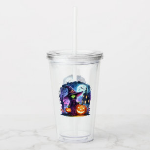 Cute Green Witch Halloween Acrylic Tumbler