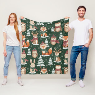 Cute Green Woodland Christmas Animal Pattern Fleece Blanket