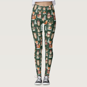 Cute Green Woodland Christmas Animal Pattern Leggings