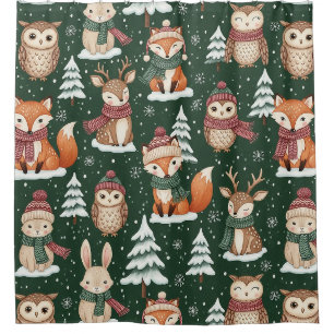 Cute Green Woodland Christmas Animal Pattern Shower Curtain