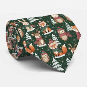 Cute Green Woodland Christmas Animal Pattern Tie