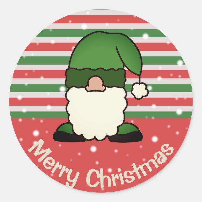 Cute Green X-Mas Gnome Cartoon Merry Christmas Classic Round Sticker (Front)