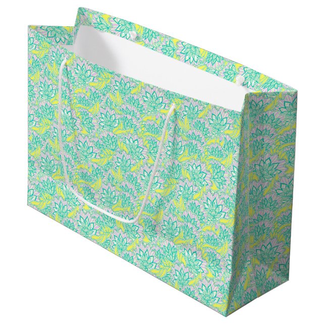Cute green yellow floral pattern large gift bag (Front Angled)