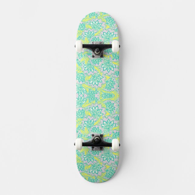 Cute green yellow floral pattern skateboard (Front)