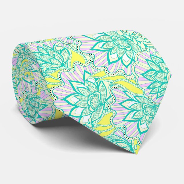 Cute green yellow floral pattern tie (Rolled)