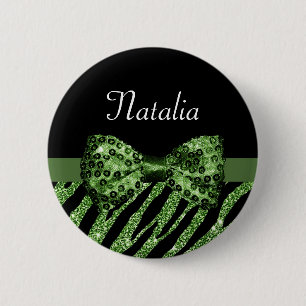 Cute Green Zebra Print FAUX Glitz Bow With Name 6 Cm Round Badge